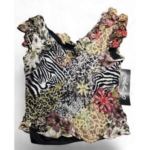 NWT Y2K Deadstock Lola P Womens Patchwork Animal Floral Ruffle V Neck Top Shirt